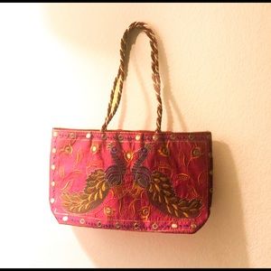 Magenta Peacock Gold Embroidery Shoulder Bag